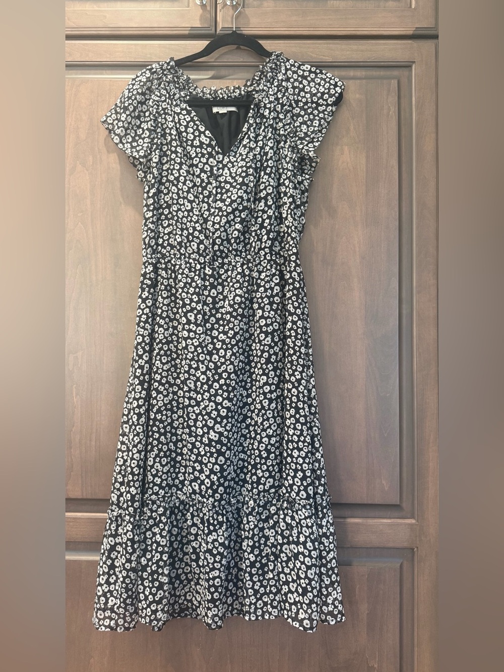 LOFT Floral Midi Dress - Black & White - Size M